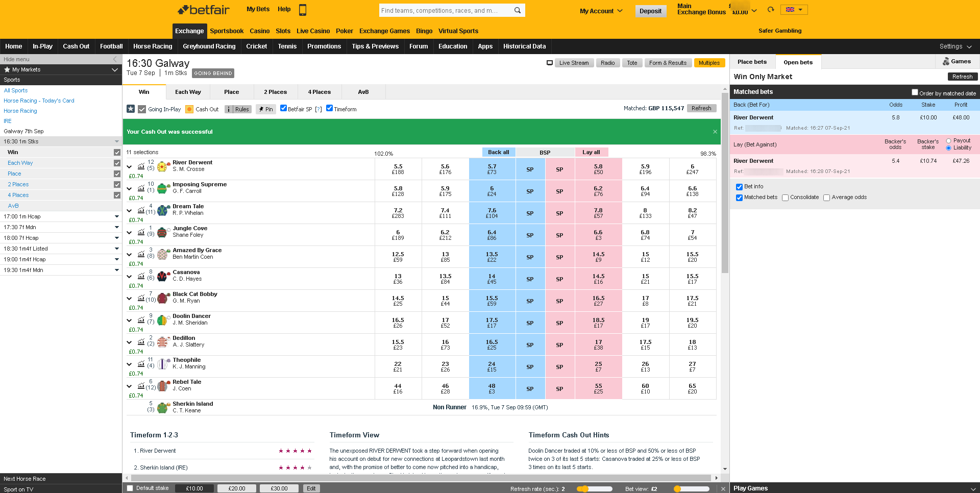 Betfair Exchange - A back bet, with a lay bet - Winning trade.