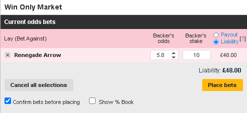 Betfair Exchange - Lay bet, betslip.