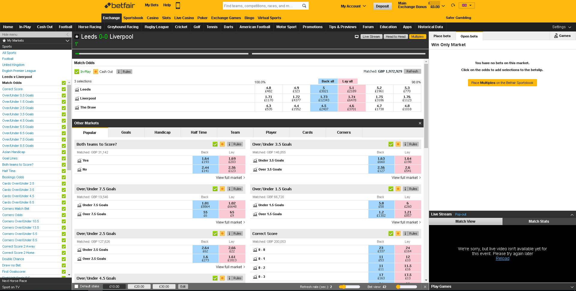 Betfair Exchange –  EPL Leeds vs Liverpool - windrawwin view, live score betting.