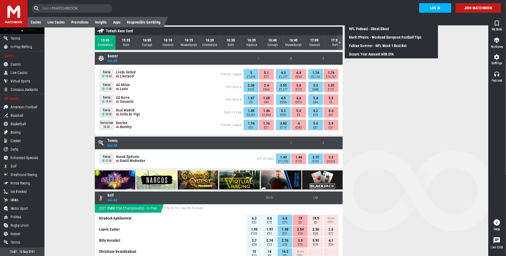 Matchbook – Homepage – windrawwin, live score betting, quick access.